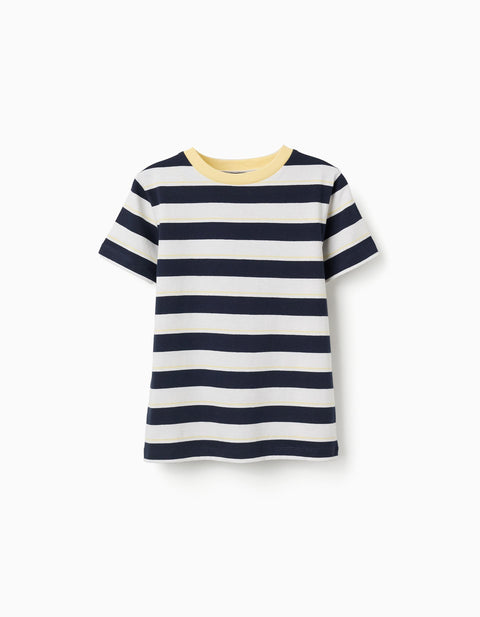 Camiseta Zippy para niño, rayas azul marino, blancas y amarillo claro. Vista frontal.
