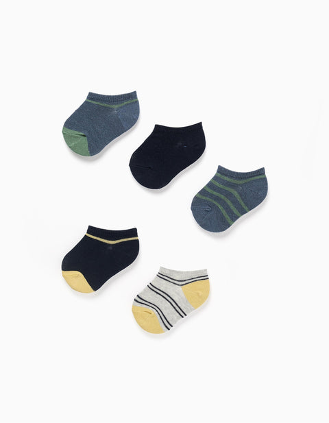 Pack de 5 calcetines tobilleros Zippy para bebé, en tonos azul, verde y amarillo.