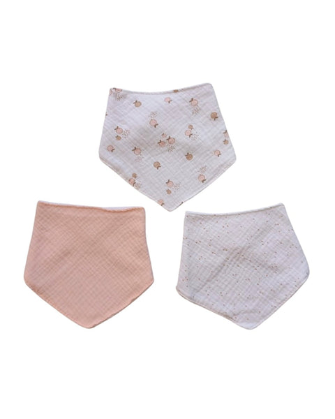 Set de 3 baberos bandana para niña: diseño animales, rosado liso y puntos. Tela suave de muselina.