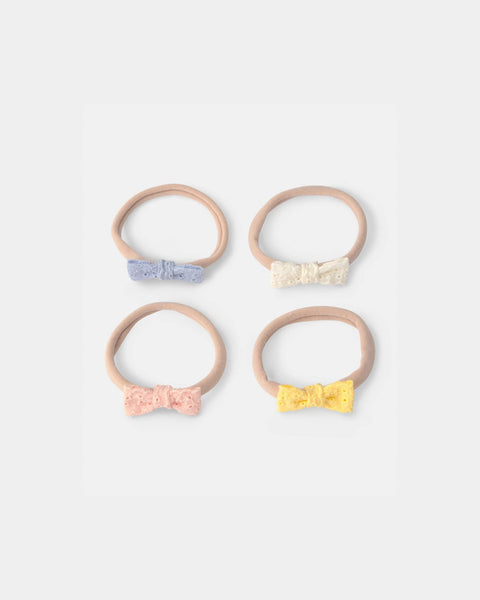 Set de 4 cintillos para bebé Carter's con lazos pastel: azul, crema, rosa y amarillo.