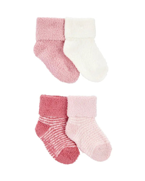 4 pares de calcetas afelpadas para niña en tonos rosa y blanco, con diseños lisos y de rayas. Suaves y cómodas.