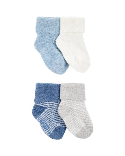 Pack de 4 calcetines afelpados Carter's para bebé: dos lisos (celeste, blanco) y dos rayados (azul, gris).