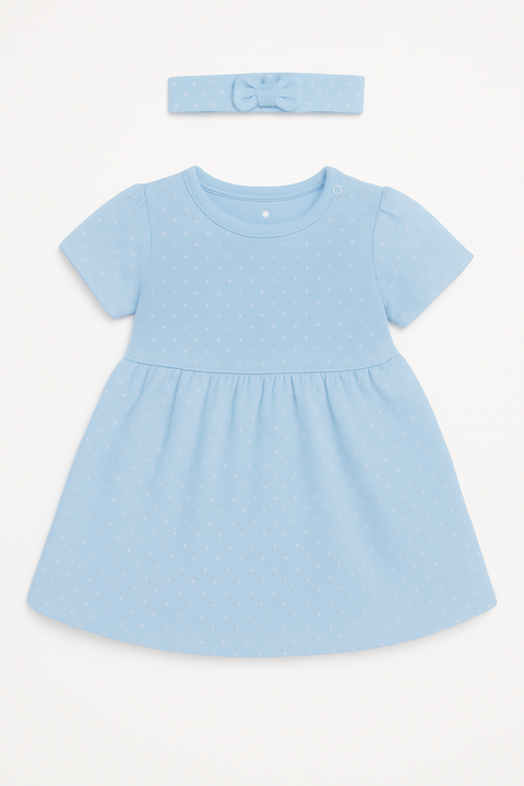 Vestido Kinder manga corta diseño de puntos de algodón color celeste para niña