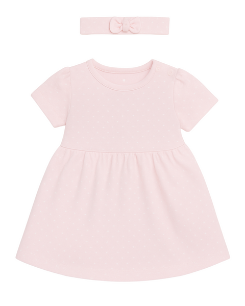 Conjunto Kinder 2 piezas: vestido con calzoncito y accesorio para el cabello deiseño corazones de algodón color rosado paraniña