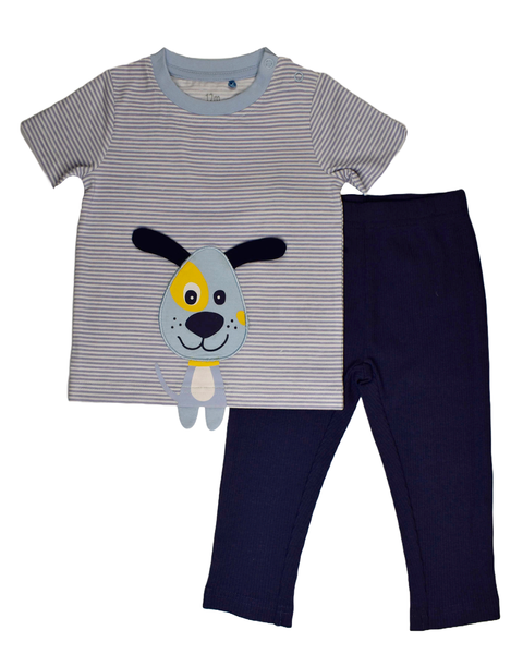 Conjunto Kinder 2 piezas: t-shirt manga corta y pantaón con diseño perro de algodón color azul para Niño