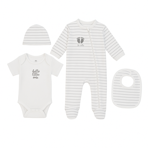 Conjuntos Kinder 4 piezas: body manga corta, pijama con pies y zipper, babero y gorro color blanco