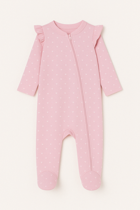 Pijama Kinder con pies y zipper diseño corazones de algodón color rosada para niña