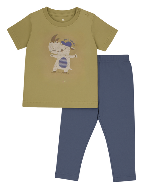 Conjunto Kinder 2 piezas: t-shirt manga corta con diseño de rinocerontes y pantalón de algodón multicolor para niño