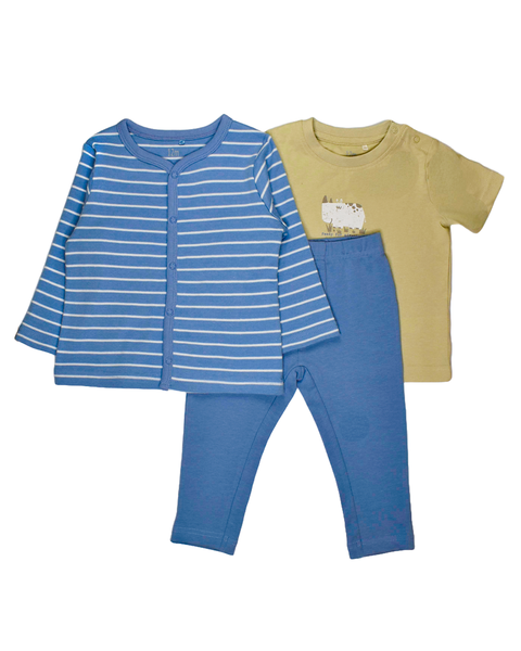 Conjunto Kinder 3 piezas: t-shirt manga corta con diseño de rinoceronte, sueter y pantalón,de algodón multicolor para niño