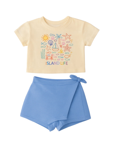 Conjunto Babyfair 2 piezas: blusa manga corta y falda pantaloneta multicolor para niña