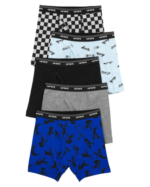 5 boxers Carters para niño: cuadros, patinetas, negro, gris y motos. Algodón elástico, súper cómodos.