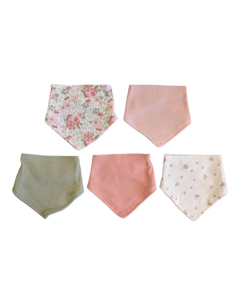 Pack de 5 baberos bandana Chick Pea para niña: floreado, rosa pálido, verde, coral, floreado pequeño.