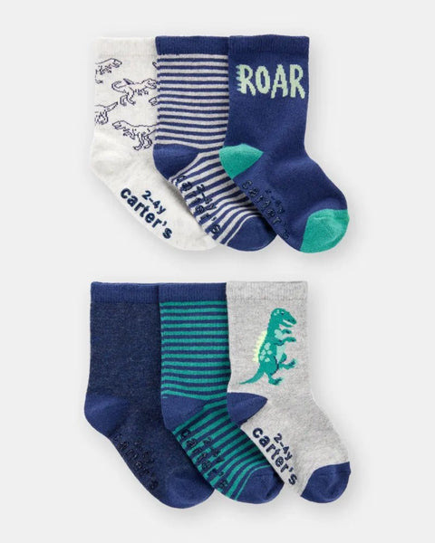 Paquete de 6 calcetines Carter's para niño con diseños de dinosaurios, rayas, 'ROAR' y agarre