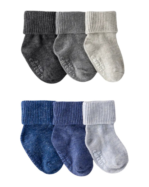 6 pares de calcetines Carter's bebé, tonos gris y azul, antideslizantes, 3-12m.