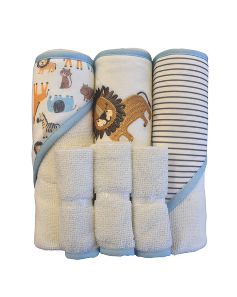 Set de baño Baby Gear para bebé niño: 3 toallas con capucha (safari, león, rayas) y 3 paños azules.