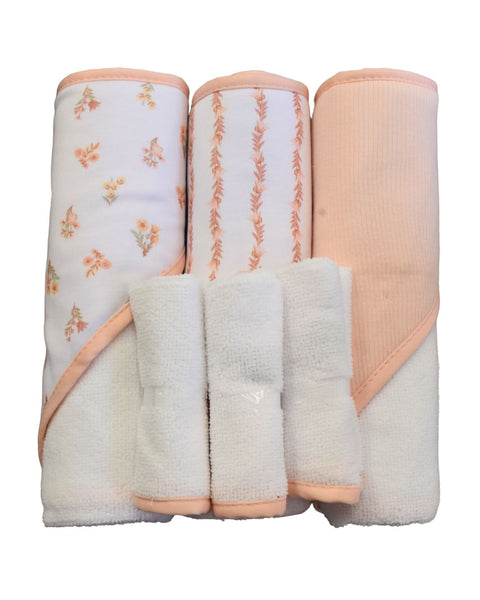Set de baño para niña Chick Pea de 6 piezas: 3 toallas con capucha floral y 3 paños de ducha.
