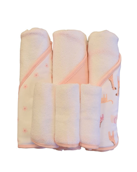 Set de baño niña Chick Pea: 3 toallas con capucha (puntos, rayas, jirafas) y 3 paños de ducha.