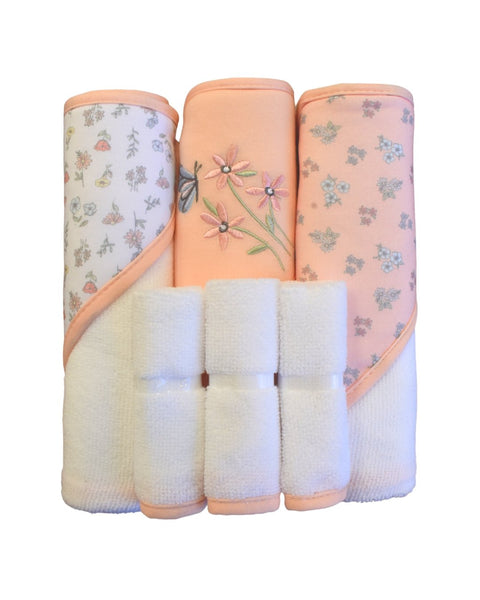 Set de baño Le Top para niña: 3 toallas con capucha de flores y 3 paños blancos, tonos durazno.