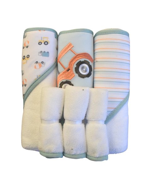 Set de baño Le Top 6 piezas para niño: 3 toallas con capucha (tractor, vehículos, rayas) y 3 paños
