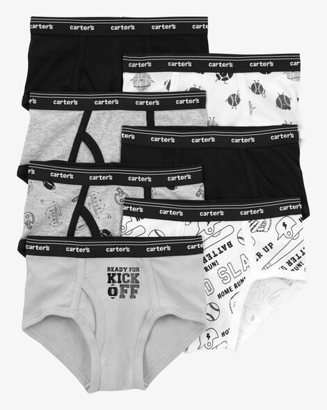 Pack 7 calzoncillos Carters niño algodón, colores negro, gris, blanco; estampados deportivos y divertidos.