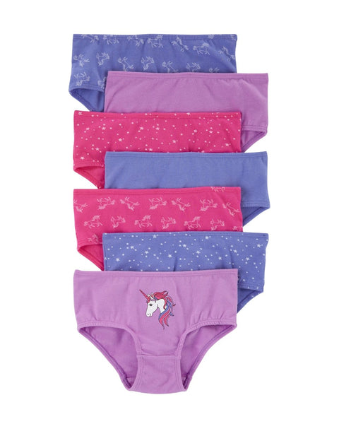 Pack de 7 calzoncitos Carters para niña, algodón elástico, diseños unicornio y estrellas en tonos lila, rosa y azul.