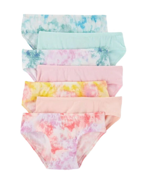 Pack de 7 calzoncitos Carters de algodón para niña, diseños tie-dye y colores pastel variados.