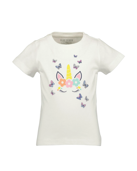 Blusa Blue Seven manga corta con diseño unicornio color blanco para niña