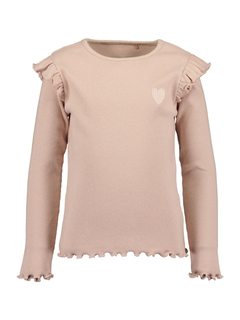 Blusa Blue Seven manga larga beige para niña con vuelitos en hombros y puños, detalle de corazón.