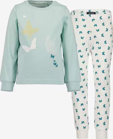 Pijama Blue Seven de 2 piezas para niña, blusa verde menta con mariposas que brillan y pantalón blanco estampado