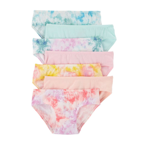 Pack de 7 calzoncitos Carters para niña en algodón elástico multicolor con diseños tie-dye y lisos.
