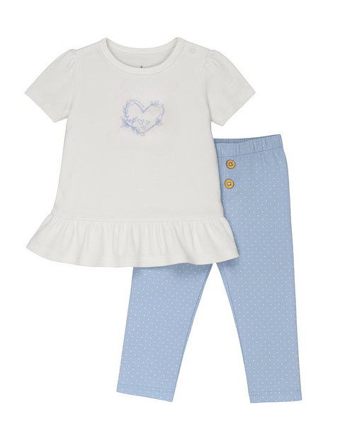 Conjunto Kinder 2 piezas: body manga corta con diseño de corazon y pantalón de algodón color celeste para niña