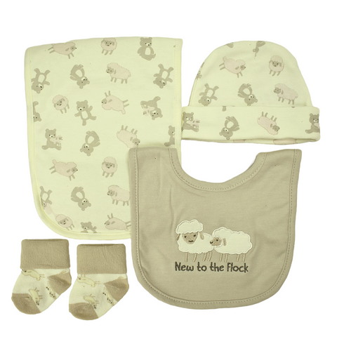 Set de Regalo welcome world 4 piezas: gorro, calcetines, babero y salivero diseño de animalitos gris para niño.