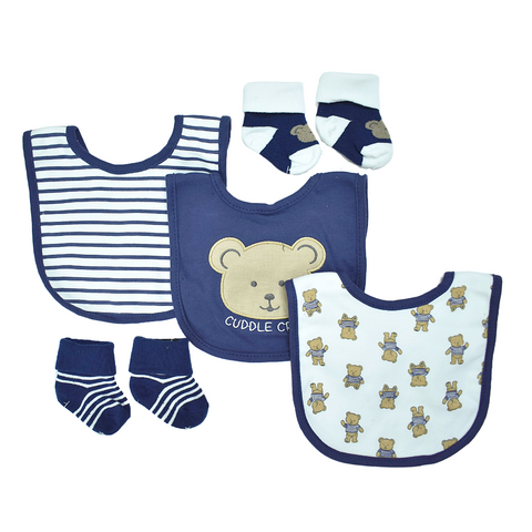 Set de Regalo 3 baberos y 2 par de calcetines con diseño osos azul para niño