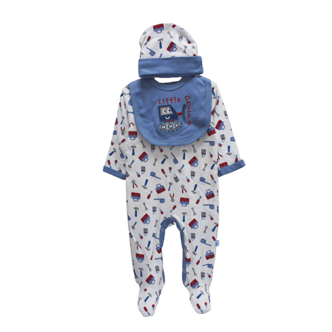 Conjunto 8 piezas: Body, pijama, babero, gorrito y bolsita de 3 saliveros diseño de herramientas celeste para niño.