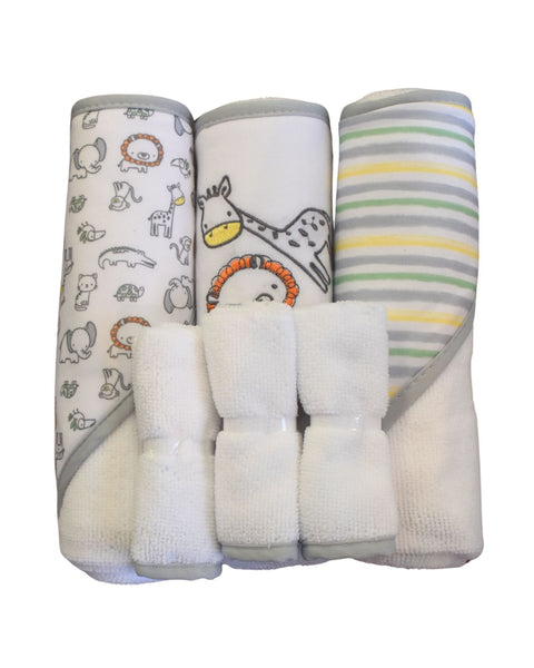 6PK Set de baño Baby Gear: 3 toallas con capucha y 3 paños para ducha multicolor unisex