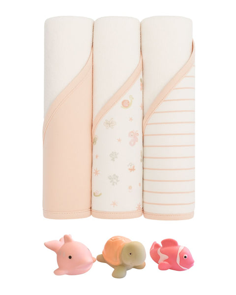 9PK Set de baño Elephant and Castle: 3toallas con capucha, 3 paños para ducha y 3 juguetes de baño multicolor para niña