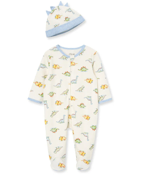 Conjunto Little Me pijama con pies, zipper delantero y gorrita estampado y diseño de dinosaurio niño