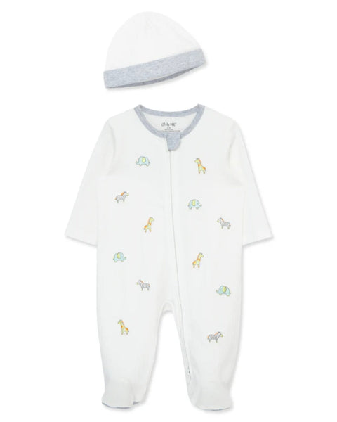 Conjunto Little Me pijama con pies, zipper delantero y gorrita estampado safari niño
