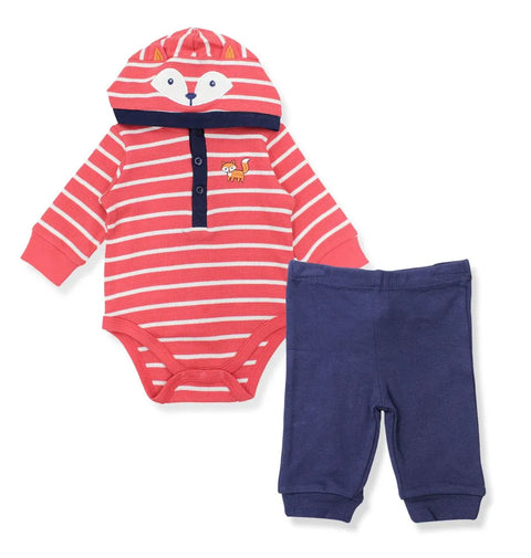 Conjunto Little Me 2 piezas body manga larga con capucha roja rayada y pantalón azul diseño de Zorro niño