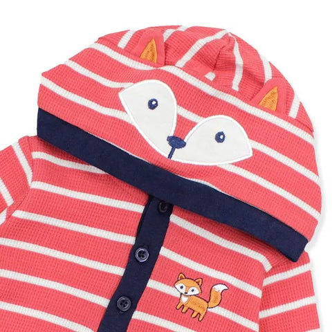 Conjunto Little Me 2 piezas body manga larga con capucha roja rayada y pantalón azul diseño de Zorro niño