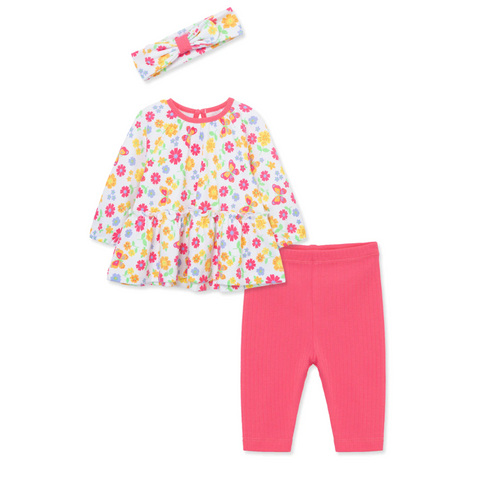 Conjunto Little Me leggins blusa manga larga y accesorio cabello fusia niña