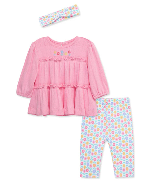 Conjunto Little Me 3 piezas: blusa tipo tunica manga larga color rosado, leggings y cinta para el cabello diseño floral multicolor de algodón para niña