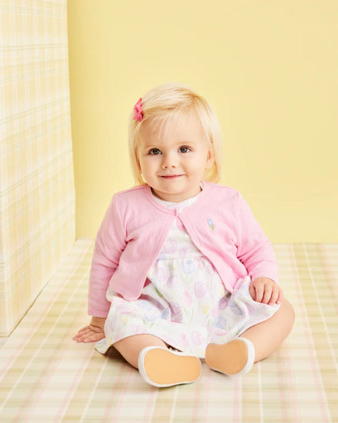 Conjunto Little Me 3 Piezas: Vestido, sueter y calzoncito diseño tulipanes multicolor de algodón para niña