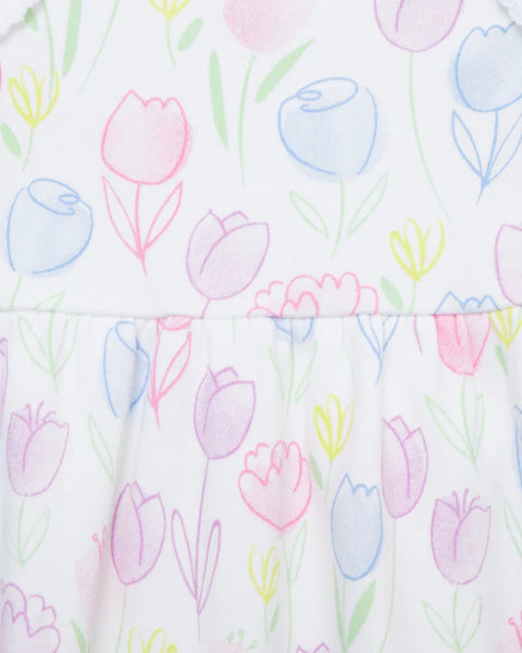 Conjunto Little Me 3 Piezas: Vestido, sueter y calzoncito diseño tulipanes multicolor de algodón para niña