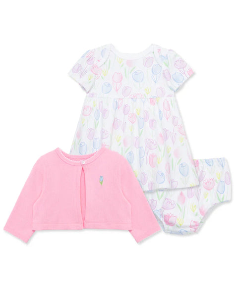 Conjunto Little Me 3 Piezas: Vestido, sueter y calzoncito diseño tulipanes multicolor de algodón para niña