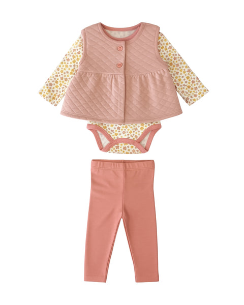 Conjunto 3 piezas Chick Pea, body manga larga estampada, pantalón y chaleco color lila para niña.