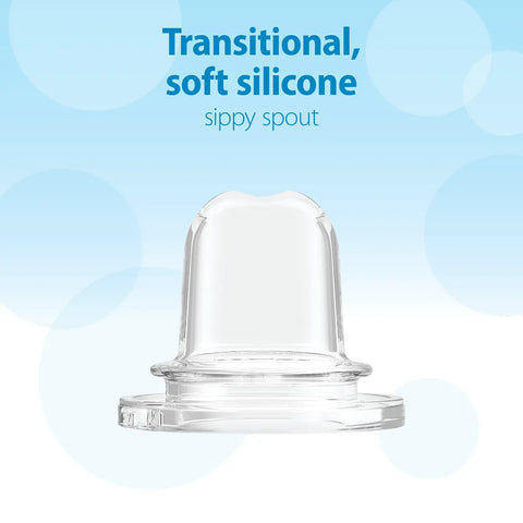 Primer plano de la boquilla de silicona suave y transparente para la pacha entrenadora Dr. Brown's.