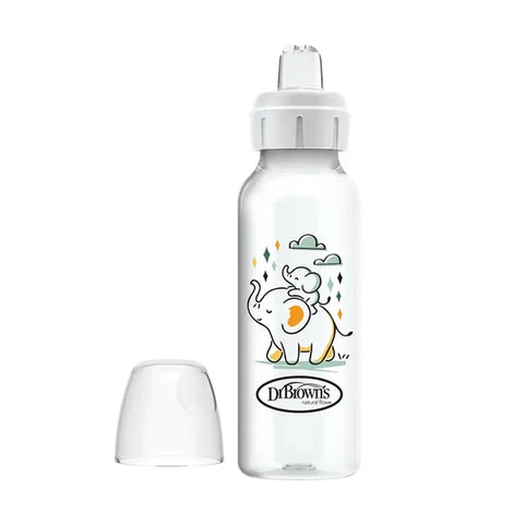 Biberón Dr. Brown's de cuello delgado de 8oz con diseño de elefantes, tapa inferior y tetina sippy