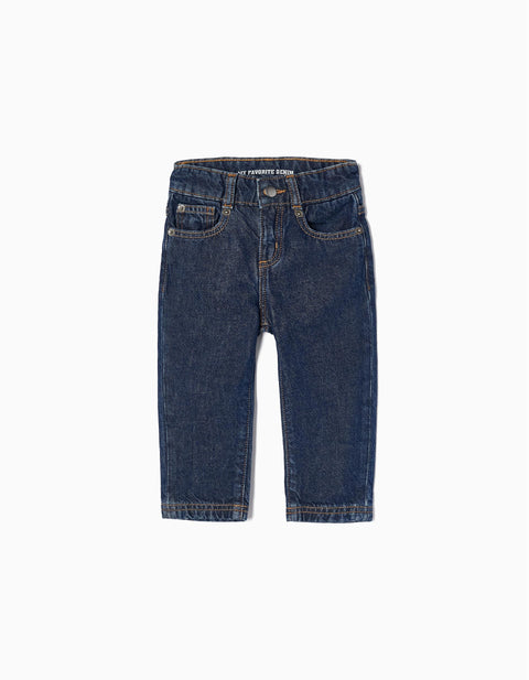 Pantalón denim azul medio Zippy para niño, vista frontal, estilo clásico y cómodo.
