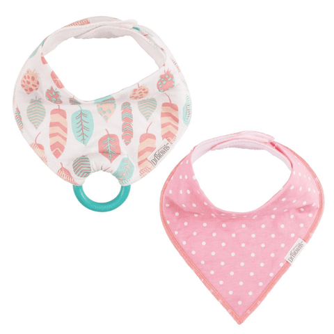 Pack de 2 baberos bandana Dr. Brown's: uno de plumas con mordedor y otro de puntos rosados para bebé.